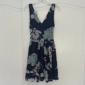 Blue Tropical Print Ruffled Dress